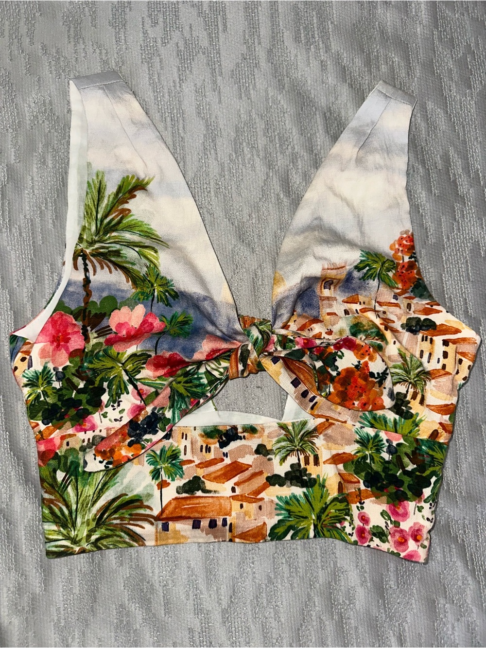 Zara White Multicolor Tropical Tie-Front Crop Top